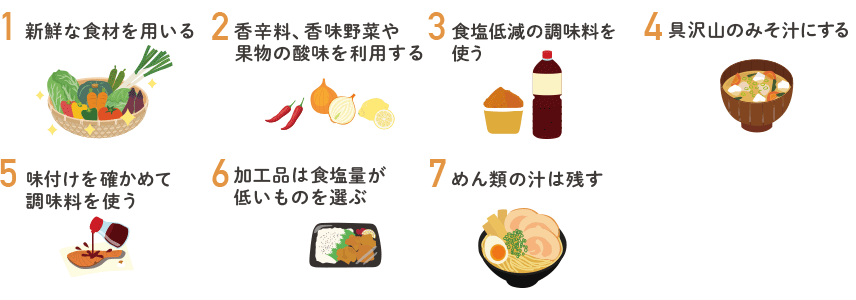 1.新鮮な食材を用いる 2.香辛料、香味野菜や果物の酸味を利用する 3.低塩の調味料を使う 4.具沢山のみそ汁にする 5.味付けを確かめて調味料を使う 6.加工品は塩分の低いものを使う 7.めん類の汁は残す