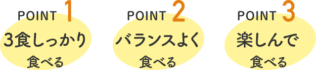 point1.3食しっかり食べる point2.バランスよく食べる point3.楽しんで食べる