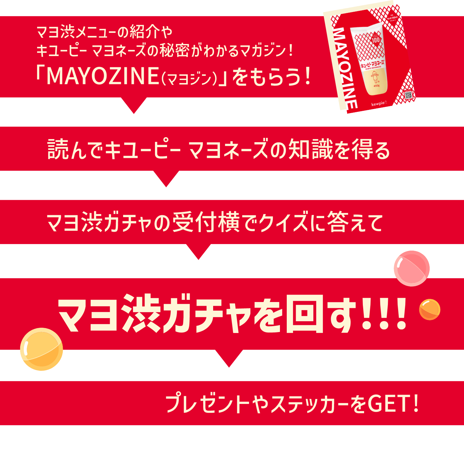 マヨ渋のメニュー紹介やキユービ- マヨネーズの秘密がわかるマガジン！「MAYOZINE（マヨジン）」をもらう！読んでキユーピーマヨネーズの知識を得る　マヨ渋ガチャの受付横でクイズに答えて　マヨ渋ガチャを回す！！！　プレゼントやステッカーをGET！