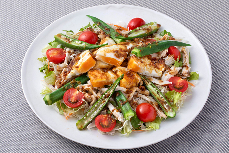 Crispy egg and okra salad with honey mustard