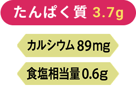 たんぱく質3.7g、カルシウム89mg、食塩相当量0.6g